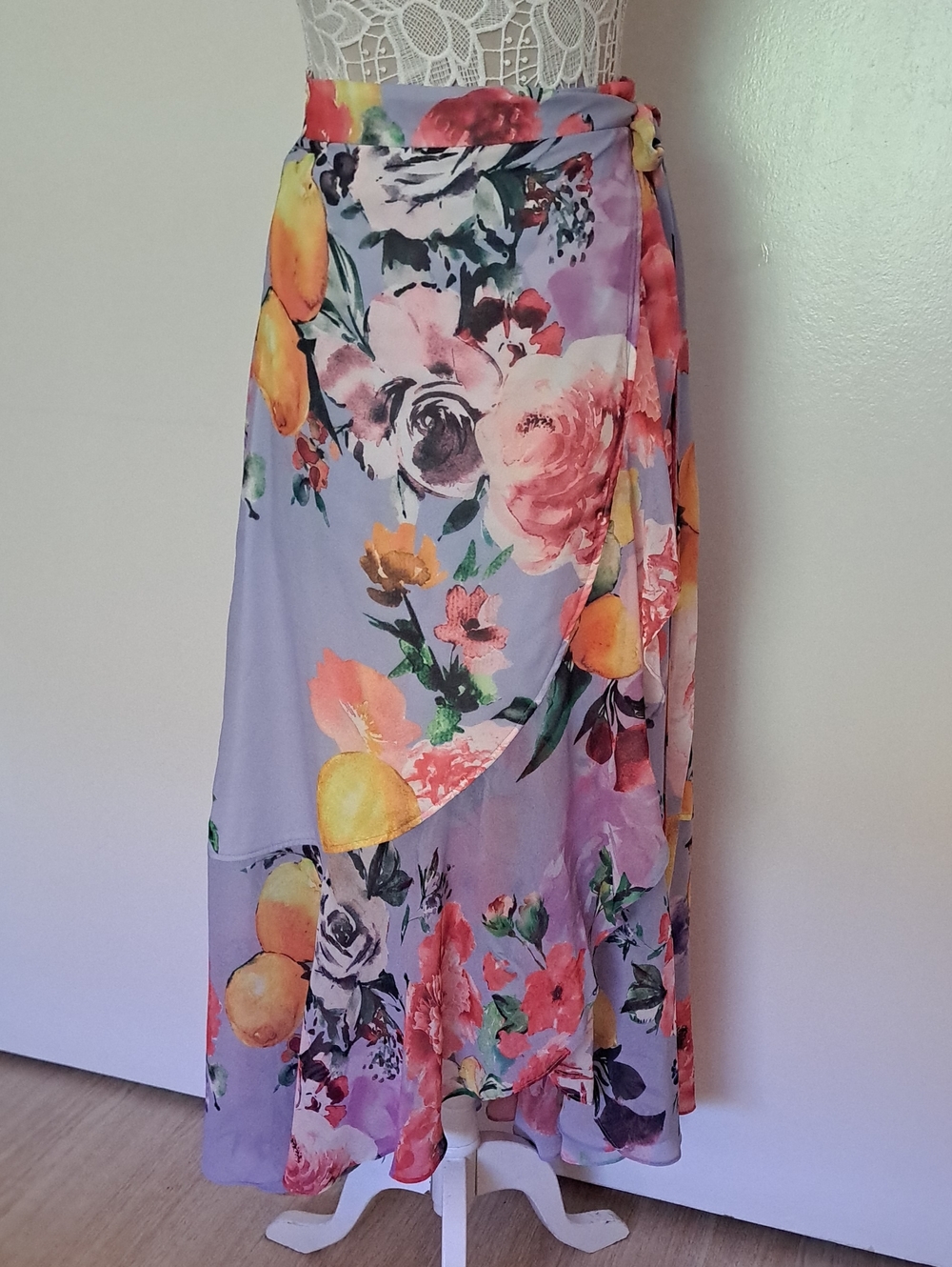 WAYWARD FANCIES eshakti Lavender Floral and Citrus Wrap Maxi Skirt